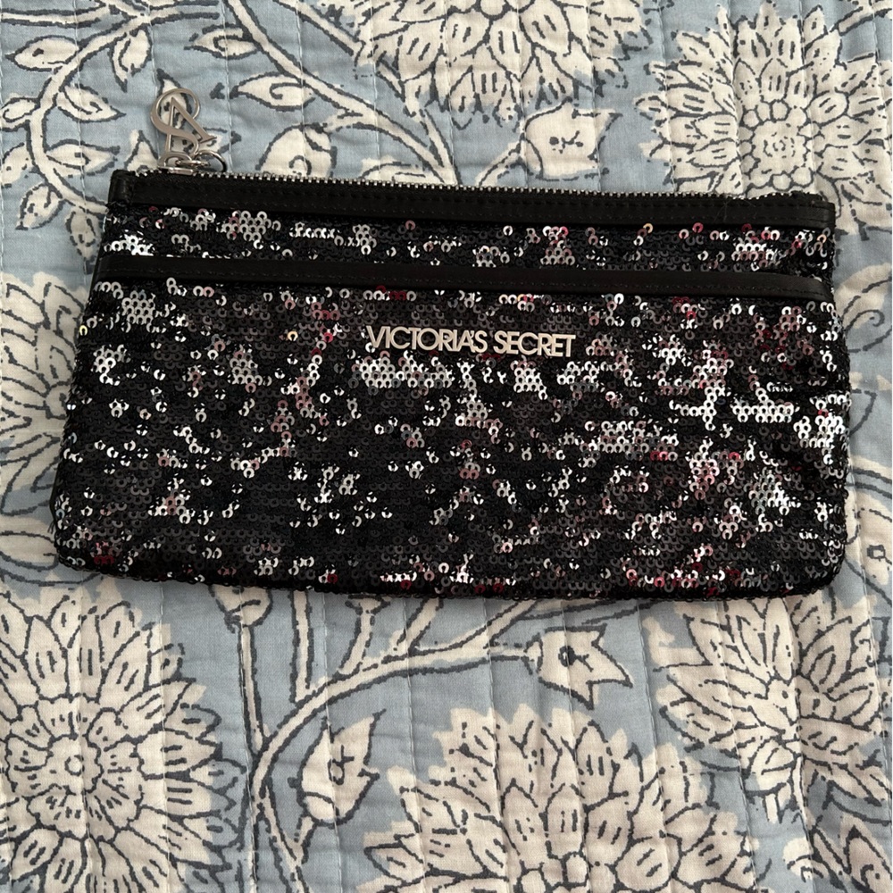 Victoria's Secret Black Sequin Bling Cosmetic Makeup Clutch Evening Bag